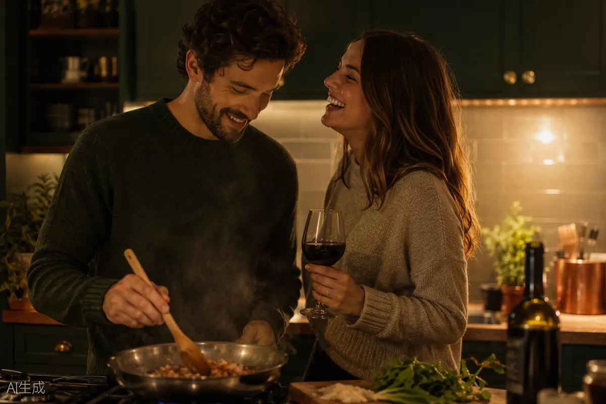 A couple cooking together in a modern kitchen