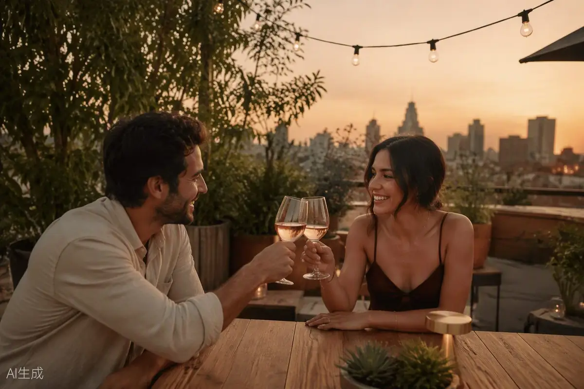 A couple on a summer rooftop patio at golden hour