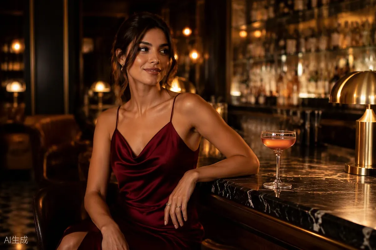 A stylish woman seated at an upscale lounge bar