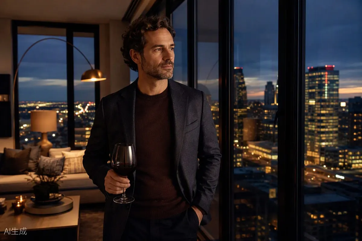 A confident man in a modern condo overlooking the Edmonton skyline