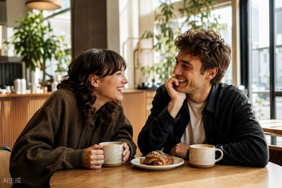 Two people laughing over coffee