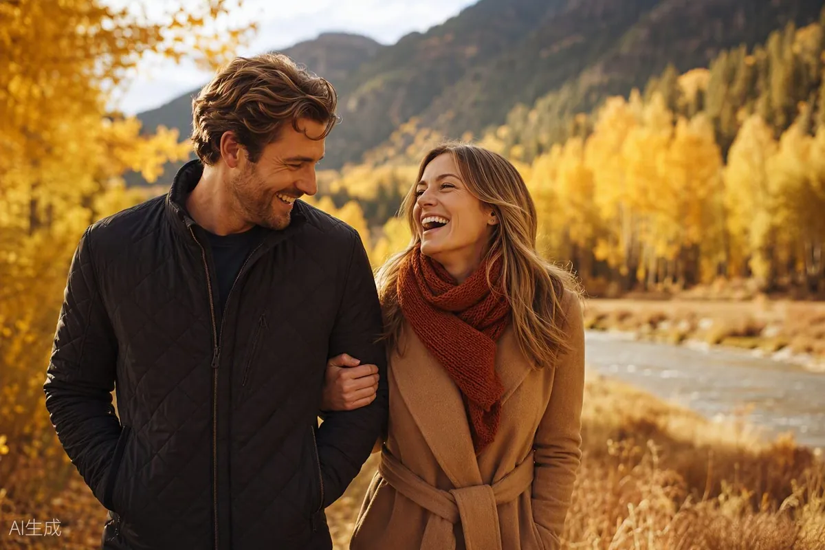 A couple walking together through the river valley in autumn