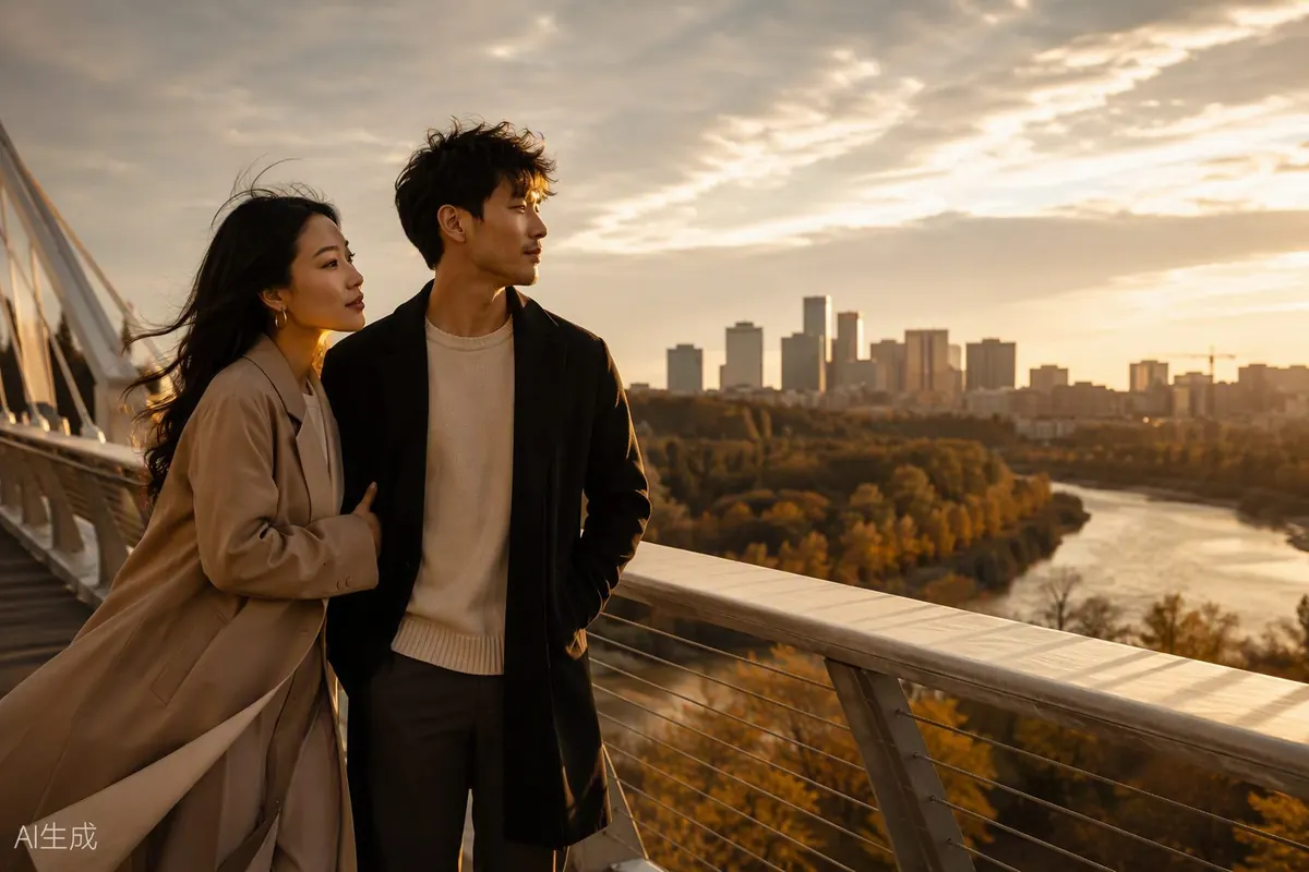 A couple on a bridge above the river valley at golden hour