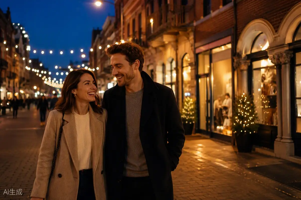 Whyte Avenue at dusk with string lights